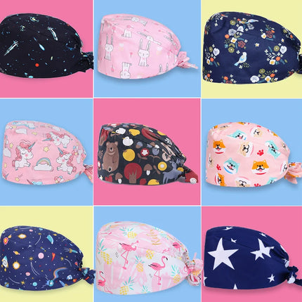 Clearance Pattern Scrub Cap Tie Back Working Hat 100% Cotton Washable Sweatband Beautician Dust Proof Scrub Caps-KarWorkwear