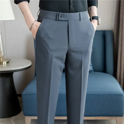 2025 Summer Thin White Elastic Nine Cent Suit Pants for Men,gray Blue Four-side Elastic Comfortable Drape Men's Casual Trousers