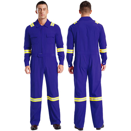 Mens Coveralls High Visibility Reflective Stripes Overalls Turn-Down Collar Long Sleeves Zipper Jumpsuits Work Mechanic Uniform