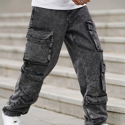 Fashionable men's denim trousers, washed workwear trousers, multi-pocket function for outdoor wear.
