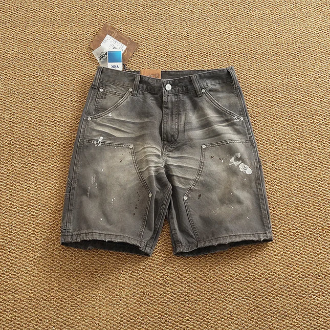 Retro vintage denim shorts for men, high-quality, fashionable, nostalgic, heavyweight washed workwear, cropped pants