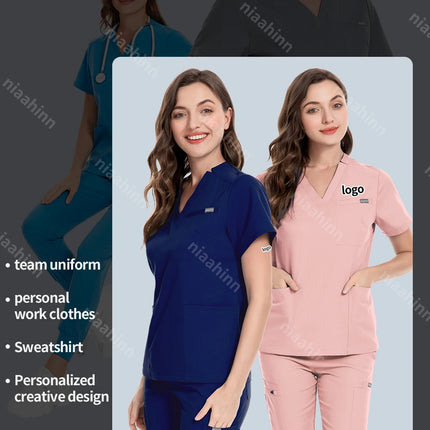 V-neck Nurse Scrubs Workwear Short Sleeve Surgical Nursing Uniforms Women Dental Clinic Scrub Medical Uniforms Customizable Logo-KarWorkwear