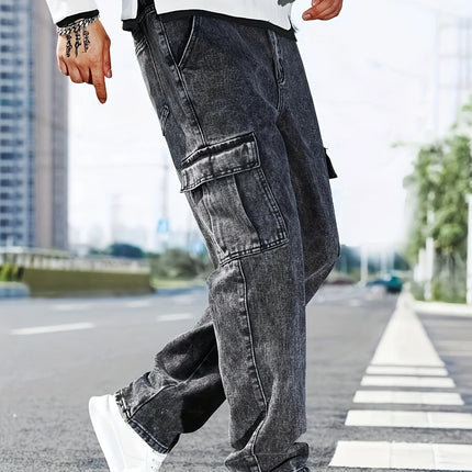 Fashionable men's denim trousers, washed workwear trousers