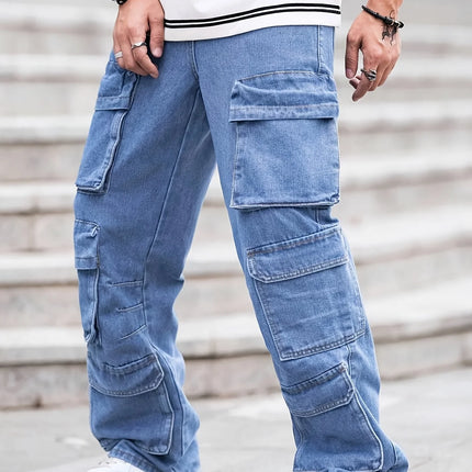 Fashionable men's denim trousers, washed workwear trousers, multi-pocket function for outdoor wear.