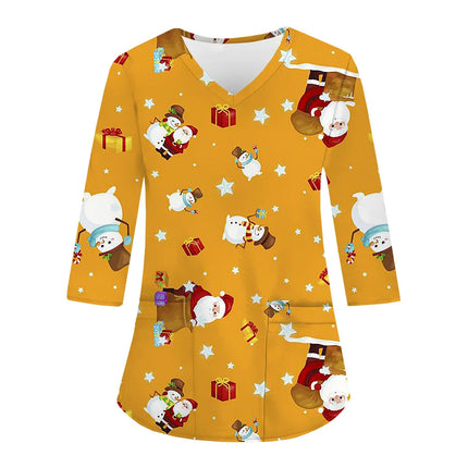 Women Halloween Funny Tee Tops Uniform Woman Prints V-Neck 3/4 Sleeve Pockets Nursing Scrubs Uniform Beauty Salon hospital Clini-KarWorkwear