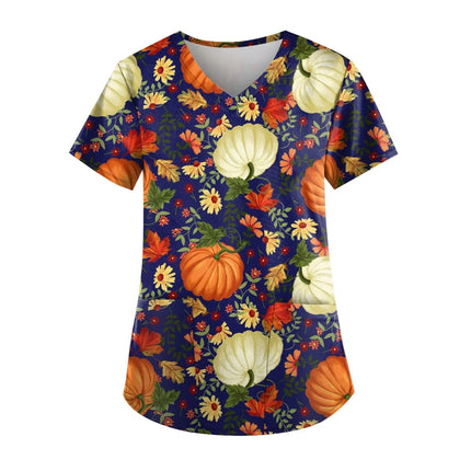 Christmas Medical Scrubs For Women Short Sleeve Pumpkin Face Print with Short Sleeve Pocket V Neck Costumes Wicked Funny Working-KarWorkwear