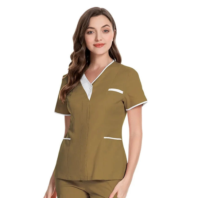 Nurse Uniform Women Solid Color Short V Neck Sleeve Scrubs Blouse Hospital Healthcare Working Tunic Spa Beauty Salon Workwear-KarWorkwear
