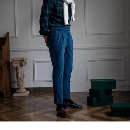 Italian Style Corduroy Naples Suit Pants Men High-waisted Adjustable Belt Straight Trousers Autumn  England Business Casual Pant