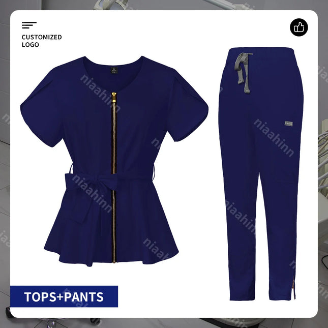 Nurse Scrubs Uniforms Printed or Embroidered Logo Pet Veterinary Work Clothes Women Solid Color Short Sleeve Pockets Spa Uniform-KarWorkwear