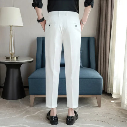 2025 Summer Thin White Elastic Nine Cent Suit Pants for Men,gray Blue Four-side Elastic Comfortable Drape Men's Casual Trousers