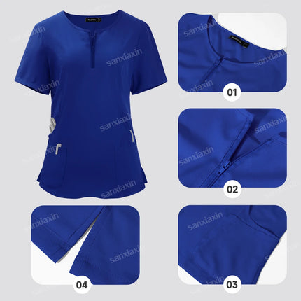 Short Sleeve Scrubs Set Surgical Clothes Nurse Nursing Uniforms Women V-neck Pocket Workwear Dentist Medical Uniforms Tops Pants-KarWorkwear