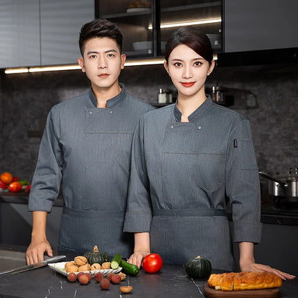 grey Chef uniform Long Sleeve chef jacket Cook Coat Chef T-shirt Baker Work Uniform Waiter Restaurant Hotel Clothes women Logo-KarWorkwear