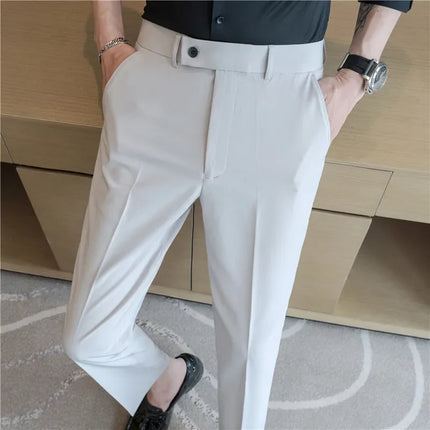 2025 Summer Thin White Elastic Nine Cent Suit Pants for Men,gray Blue Four-side Elastic Comfortable Drape Men's Casual Trousers