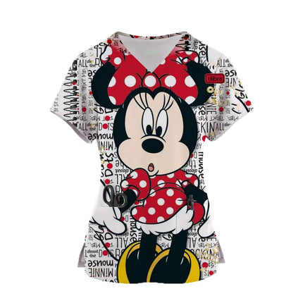 Disney Mickey Mouse Print Nurse Medical Uniforms V-neck Short Sleeve Pocket Workwear Top Scrubs Medical Accessories Uniform ﻿-KarWorkwear