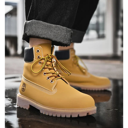 Classic Fashion Brown Work Boots Men Women High-quality Leather Ankle Boots Big Size 46 Men Lace-up Platform Boots Botas Hombre-KarWorkwear