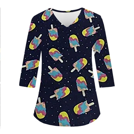 Women Halloween Funny Tee Tops Uniform Woman Prints V-Neck 3/4 Sleeve Pockets Nursing Scrubs Uniform Beauty Salon hospital Clini-KarWorkwear