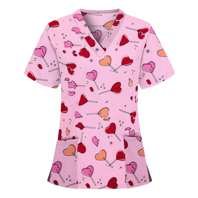 Print Scrubs Top Women with Pockets V-Neck Scrub Uniforms Pet Grooming Nurse Spa Caring Shirt uniformes de enfermería para mujer-KarWorkwear