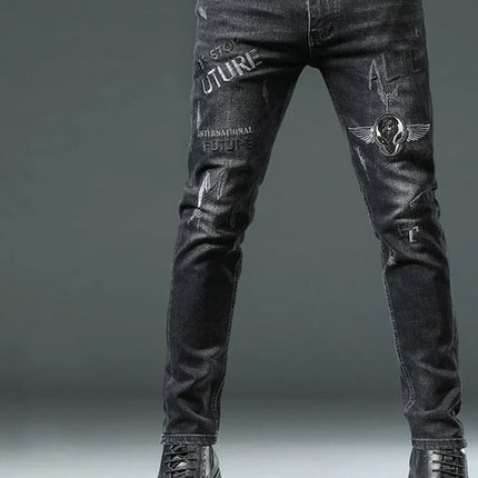 High End Stylish Classic Distinctive Printed Black Stretch Denim Jeans for Men High Quality Slim Fit Stretch Luxury Denim Pants