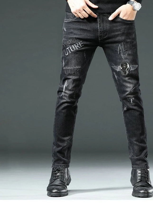 High End Stylish Classic Distinctive Printed Black Stretch Denim Jeans for Men High Quality Slim Fit Stretch Luxury Denim Pants