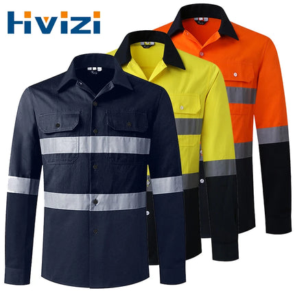 Hi Vis Reflective Shirt Men Hi Viz Reflective Polo Long Sleeve with Pockets Work Safety Polo Shirt