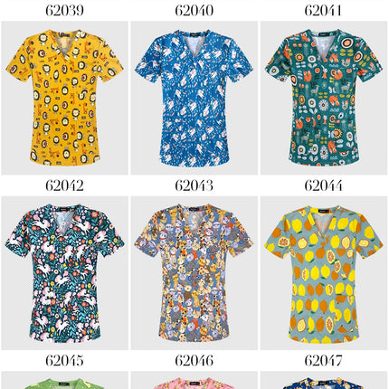 Niaahinn Gray Owl Printing Spa Uniform Women Beauty and Health Scrub Tops Beauty Salon Work Uniform Beauty Salon Scrubs Workwear-KarWorkwear