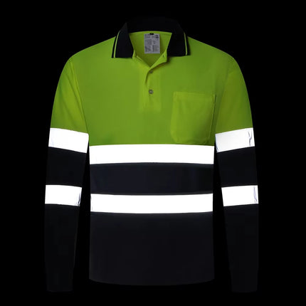Hi Vis Workwear Shirts for Men Construction Fluorescent Yellow Navy Long Sleeve Reflective Polo Safety Work Shirt