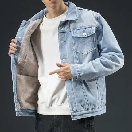 Winter velvet thickened denim jacket Korean style trendy men's versatile loose large size warm work jacket