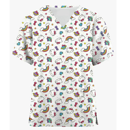 Medical Blouse Clinic Hospital Workwear Healthcare Nurse Coulomi Hello Kitty Print Uniform Carer Working Short Sleeve Tops Women-KarWorkwear