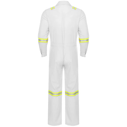 Mens Coveralls High Visibility Reflective Stripes Overalls Turn-Down Collar Long Sleeves Zipper Jumpsuits Work Mechanic Uniform
