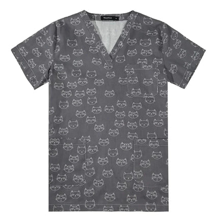 Niaahinn Gray Owl Printing Spa Uniform Women Beauty and Health Scrub Tops Beauty Salon Work Uniform Beauty Salon Scrubs Workwear-KarWorkwear