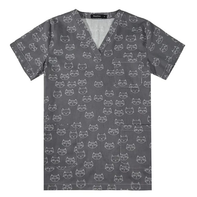 Niaahinn Gray Owl Printing Spa Uniform Women Beauty and Health Scrub Tops Beauty Salon Work Uniform Beauty Salon Scrubs Workwear-KarWorkwear