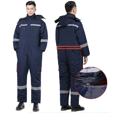 Winter Coveralls Men Waterproof Windproof Reflective Cotton Padded Hooded Coveralls Thicken Thermal Work Uniform Hi Vis Workwear