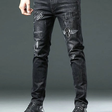 High End Stylish Classic Distinctive Printed Black Stretch Denim Jeans for Men High Quality Slim Fit Stretch Luxury Denim Pants
