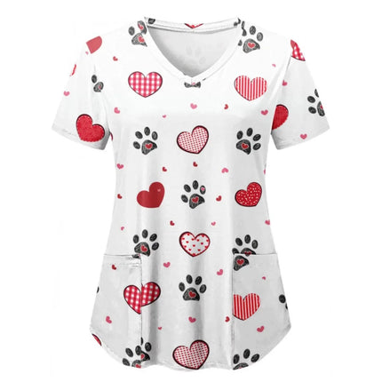 Print Scrubs Top Women with Pockets V-Neck Scrub Uniforms Pet Grooming Nurse Spa Caring Shirt uniformes de enfermería para mujer-KarWorkwear