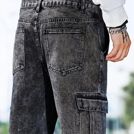 Fashionable men's denim trousers, washed workwear trousers
