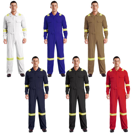 Mens Coveralls High Visibility Reflective Stripes Overalls Turn-Down Collar Long Sleeves Zipper Jumpsuits Work Mechanic Uniform