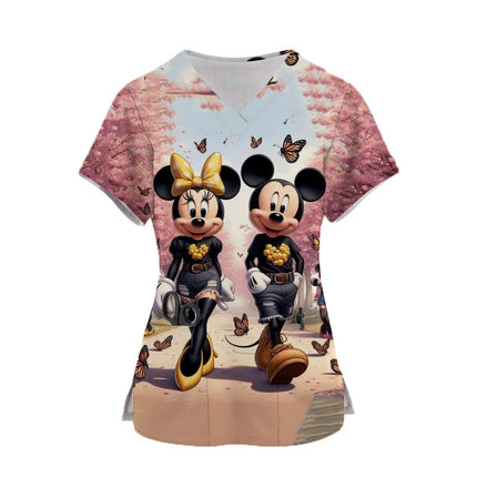 Nurse Uniform Women Disney Minnie Print Short Sleeve Neck Tops Working Uniform Blouse Scrubs Workwear Nursing Working T-shirts-KarWorkwear