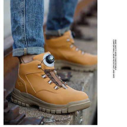 Black Leather Winter Fashion 2023 Rotating Buttons Safety Shoes Men Waterproof Work Boots Men Anti-puncture Protective Footwear-KarWorkwear