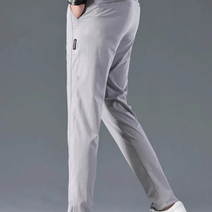Men's casual pants, semi elastic waistband, nylon ice silk elastic straight tube, light gray, business gentleman, summer casual