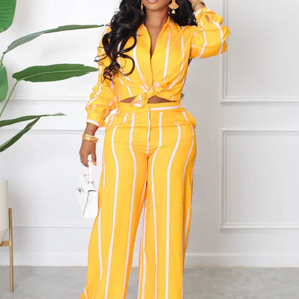 Elegant Work Wear Two Piece Set for Women Matching Sets Striped Print Shirt Top and Wide Leg Pants Office Lady Casual Outfits