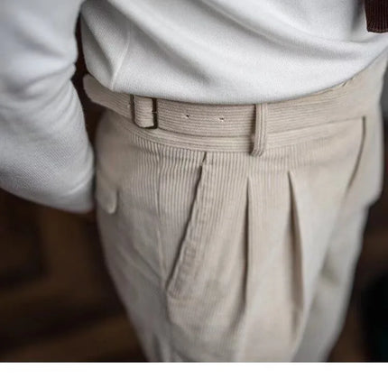 Italian Style Corduroy Naples Suit Pants Men High-waisted Adjustable Belt Straight Trousers Autumn  England Business Casual Pant