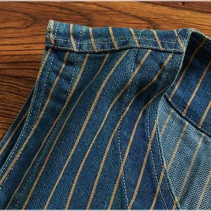 Retro American Striped Workwear Vest Waed Denim Svel Waistcoat Trendy Youth Casual V-ne Four Seasons Outerwear
