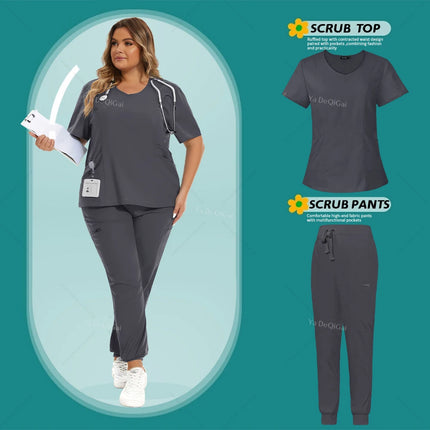 Medical Scrubs Set Women Stretch Work Uniforms Easy Fit Scrubs Tops Pants Jogger Set Hospital Nurse Uniform Dentist Overalls XXL-KarWorkwear