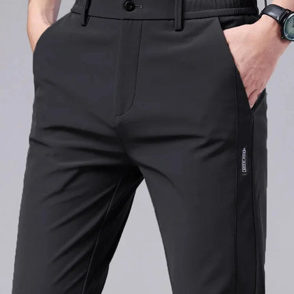 Men's casual pants, semi elastic waistband, nylon ice silk elastic straight tube, light gray, business gentleman, summer casual