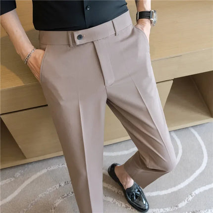 2025 Summer Thin White Elastic Nine Cent Suit Pants for Men,gray Blue Four-side Elastic Comfortable Drape Men's Casual Trousers