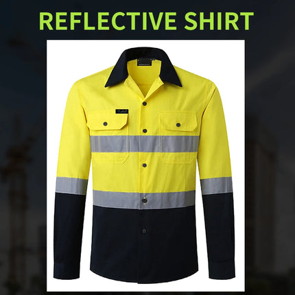 Miner Hi Vis Button Work Shirt for Men Reflective Yellow and Navy Blue Two Tone Safety Cotton Shirt