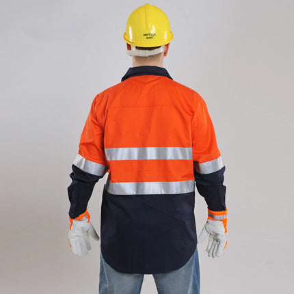 Two Tone Long Sleeve Safety Work shirt Reflective Workwear 100% Cotton Orange Navy Safety Shirts With Hi Vis Tapes