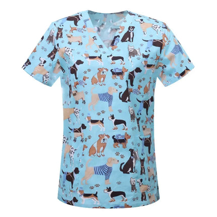 Pet Clinic Vet Work Uniforms Women Nurse Accessories Animal Printed Hospital Doctor Nursing T-Shirt Medical Scrubs Clothes Tops-KarWorkwear