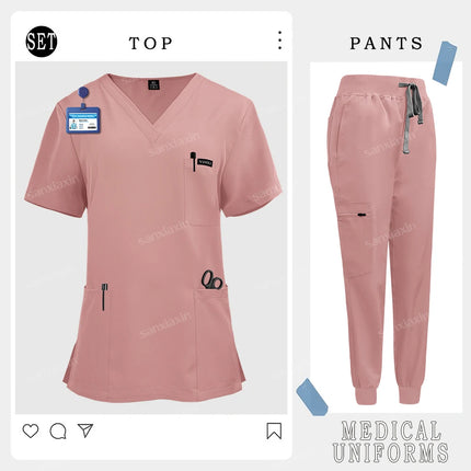 Short Sleeves V Neck Hospital Uniforms Unisex Nurse Uniform Medical Scrubs Set Doctor Surgical Scrubs Nursing Uniform Jogger Set-KarWorkwear