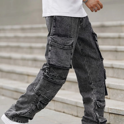 Fashionable men's denim trousers, washed workwear trousers, multi-pocket function for outdoor wear.
